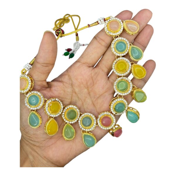 Colored Kundan  Necklace-  Multi Stone Color- Hanging Earring- With Maati, Product Code: V-2404 - Image 2