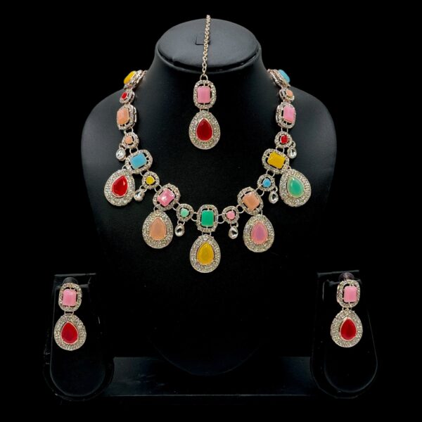 Colored Kundan Like Necklace-  Multi Stone Color- Hanging Earring- With Maati, Product Code: V-2405