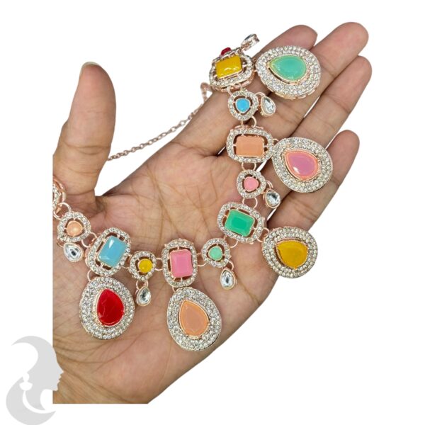 Colored Kundan Like Necklace-  Multi Stone Color- Hanging Earring- With Maati, Product Code: V-2405 - Image 2