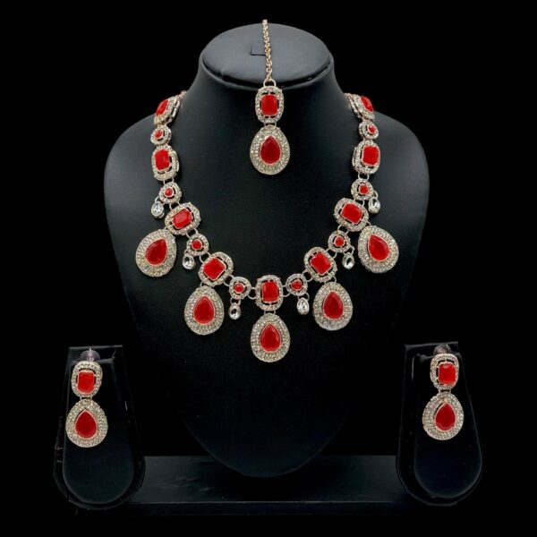 Colored Kundan Like Necklace-  Red Stone Color- Hanging Earring- With Maati, Product Code: V-2407