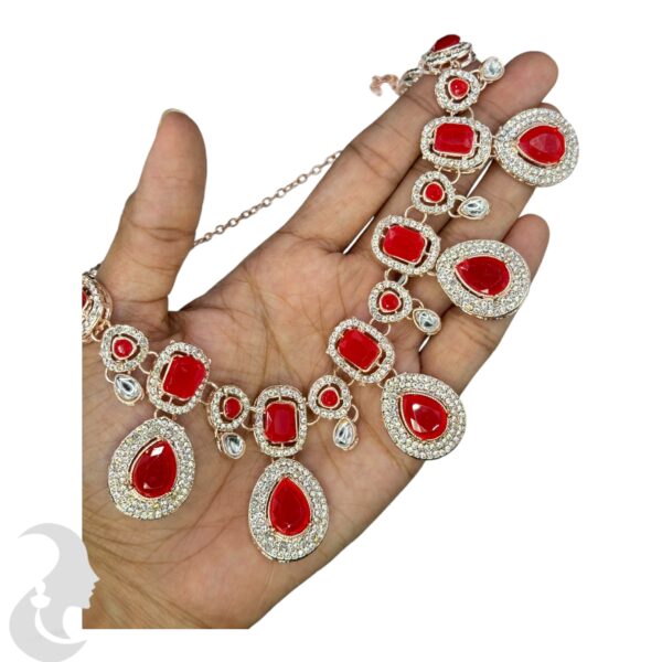 Colored Kundan Like Necklace-  Red Stone Color- Hanging Earring- With Maati, Product Code: V-2407 - Image 2