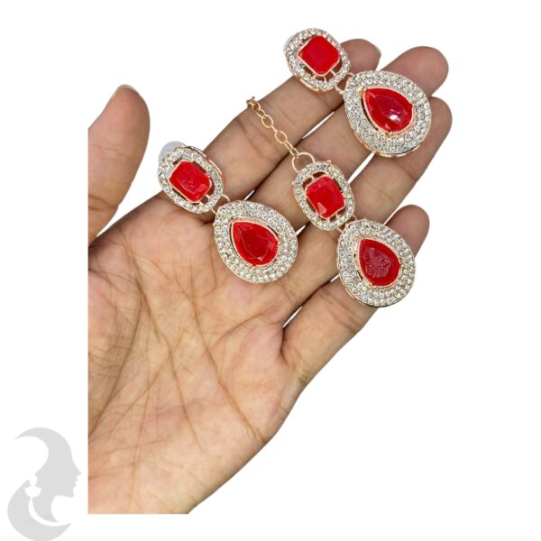 Colored Kundan Like Necklace-  Red Stone Color- Hanging Earring- With Maati, Product Code: V-2407 - Image 3