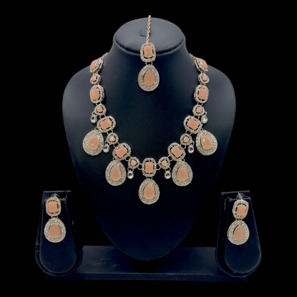 Colored Kundan Like Necklace-  Peach Stone Color- Hanging Earring- With Maati, Product Code: V-2408