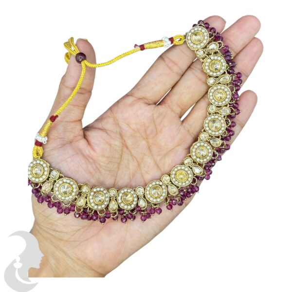 Mehandi Kundan Choker Necklace- Purple Color- Jhumka- With Maati, Product Code: V-2409 - Image 2