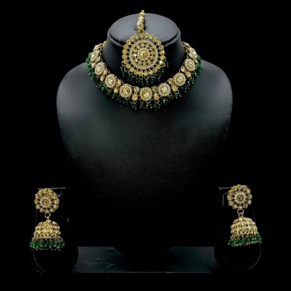 Mehandi Kundan Choker Necklace- Green Color- Jhumka- With Maati, Product Code: V-2410