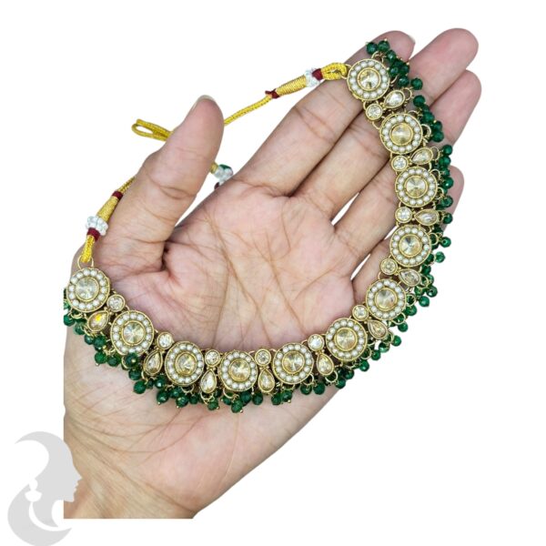 Mehandi Kundan Choker Necklace- Green Color- Jhumka- With Maati, Product Code: V-2410 - Image 2