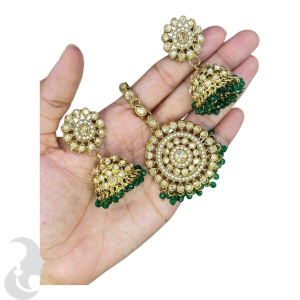 Mehandi Kundan Choker Necklace- Green Color- Jhumka- With Maati, Product Code: V-2410 - Image 3