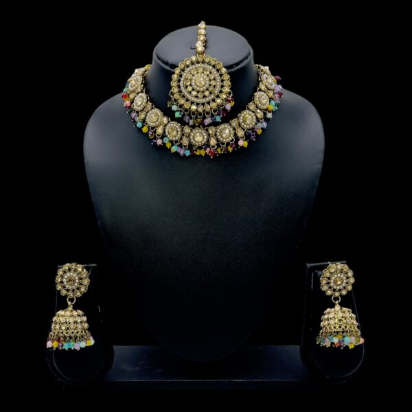 Mehandi Kundan Choker Necklace- Multi Color- Jhumka- With Maati, Product Code: V-2411