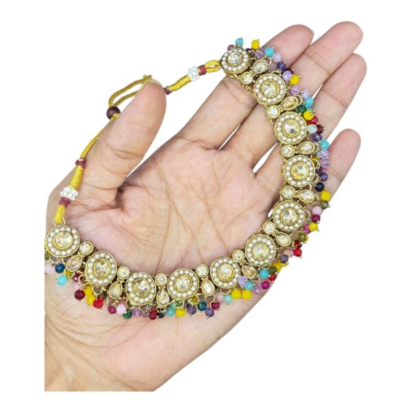 Mehandi Kundan Choker Necklace- Multi Color- Jhumka- With Maati, Product Code: V-2411 - Image 2