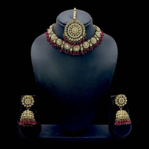 Mehandi Kundan Choker Necklace- Red Color- Jhumka- With Maati, Product Code: V-2412