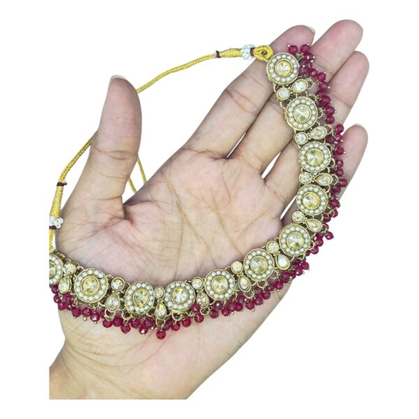 Mehandi Kundan Choker Necklace- Red Color- Jhumka- With Maati, Product Code: V-2412 - Image 2