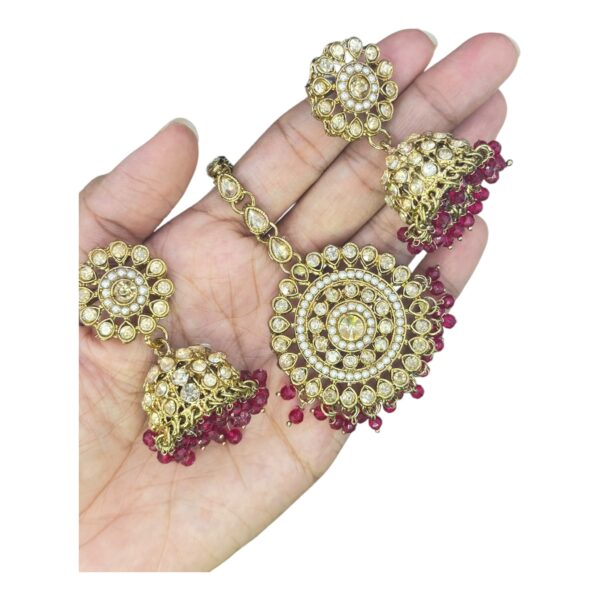 Mehandi Kundan Choker Necklace- Red Color- Jhumka- With Maati, Product Code: V-2412 - Image 3