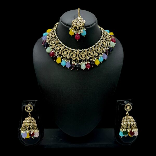 Mehandi Kundan Choker Necklace- Multi Color- Jhumka- With Maati, Product Code: V-2413