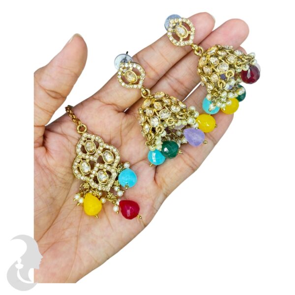 Mehandi Kundan Choker Necklace- Multi Color- Jhumka- With Maati, Product Code: V-2413 - Image 3