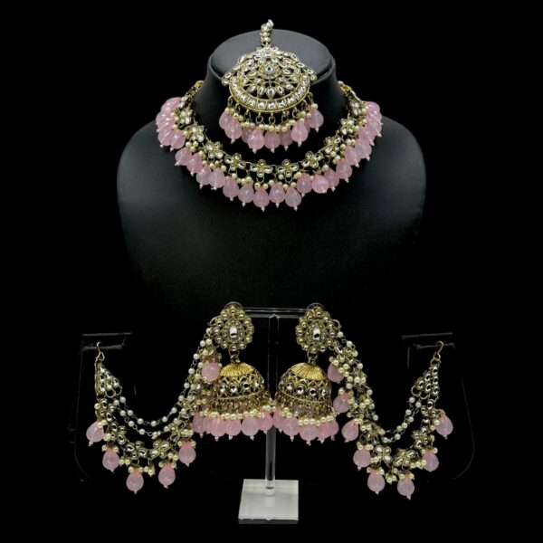 Kundan Choker Necklace- Pink Color- Jhumka With Extension- With Maati, Product Code: V-2414