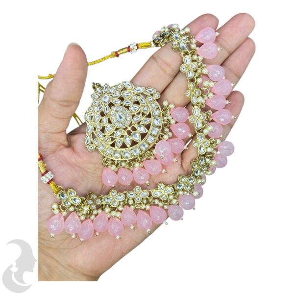 Kundan Choker Necklace- Pink Color- Jhumka With Extension- With Maati, Product Code: V-2414 - Image 2