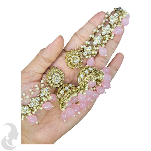 Kundan Choker Necklace- Pink Color- Jhumka With Extension- With Maati, Product Code: V-2414 - Image 3