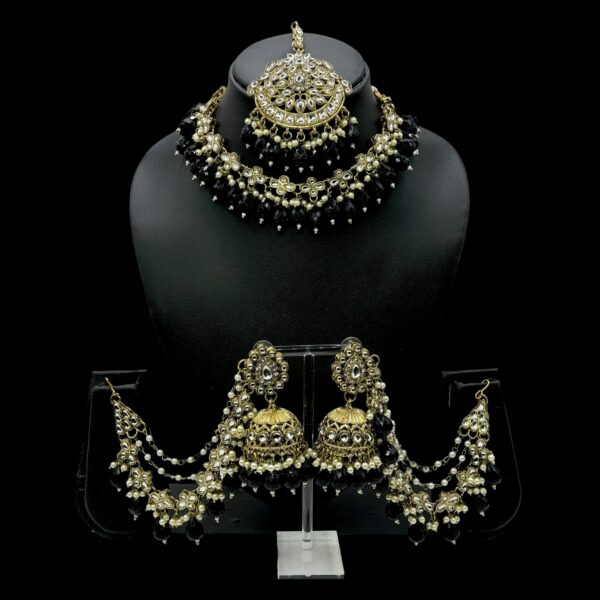 Kundan Choker Necklace- Black Color- Jhumka With Extension- With Maati, Product Code: V-2415