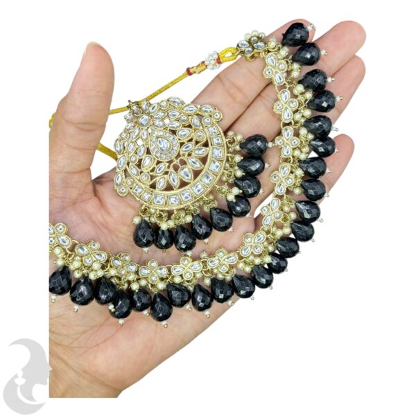 Kundan Choker Necklace- Black Color- Jhumka With Extension- With Maati, Product Code: V-2415 - Image 2