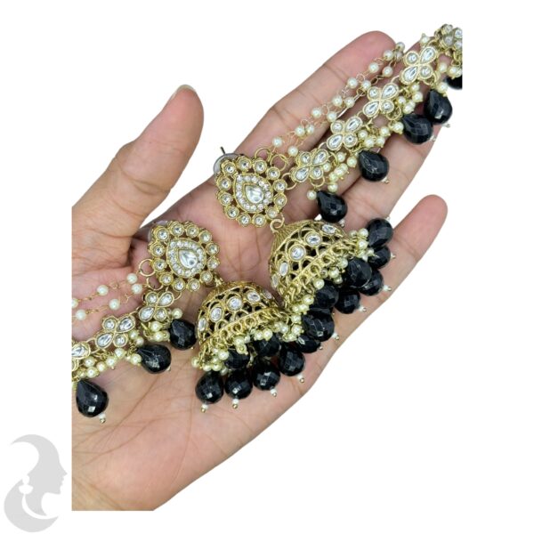 Kundan Choker Necklace- Black Color- Jhumka With Extension- With Maati, Product Code: V-2415 - Image 3