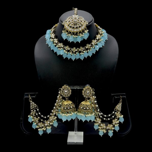 Kundan Choker Necklace- Blue Color- Jhumka With Extension- With Maati, Product Code: V-2416