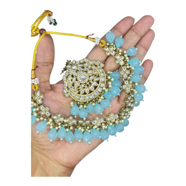 Kundan Choker Necklace- Blue Color- Jhumka With Extension- With Maati, Product Code: V-2416 - Image 2