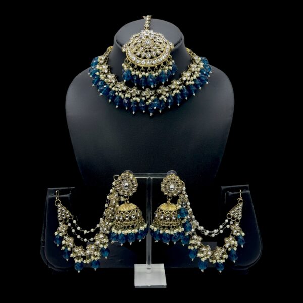 Kundan Choker Necklace- Peacock Blue Color- Jhumka With Extension- With Maati, Product Code: V-2417