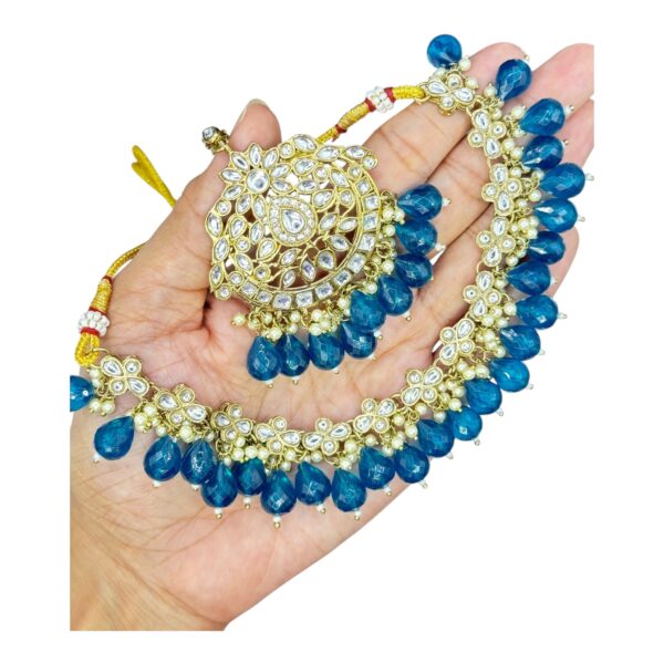 Kundan Choker Necklace- Peacock Blue Color- Jhumka With Extension- With Maati, Product Code: V-2417 - Image 2