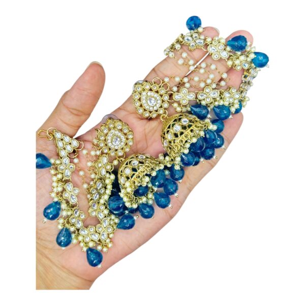 Kundan Choker Necklace- Peacock Blue Color- Jhumka With Extension- With Maati, Product Code: V-2417 - Image 3