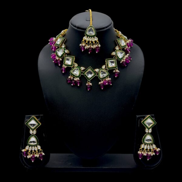 Kundan Necklace- Pink Color- Hanging Earrings- With Maati, Product Code: V-2418