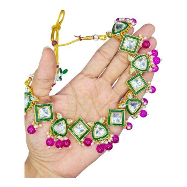 Kundan Necklace- Pink Color- Hanging Earrings- With Maati, Product Code: V-2418 - Image 2