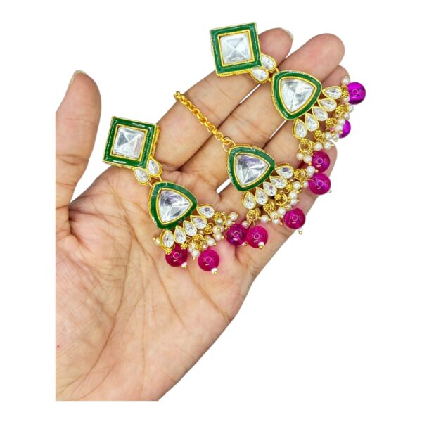 Kundan Necklace- Pink Color- Hanging Earrings- With Maati, Product Code: V-2418 - Image 3