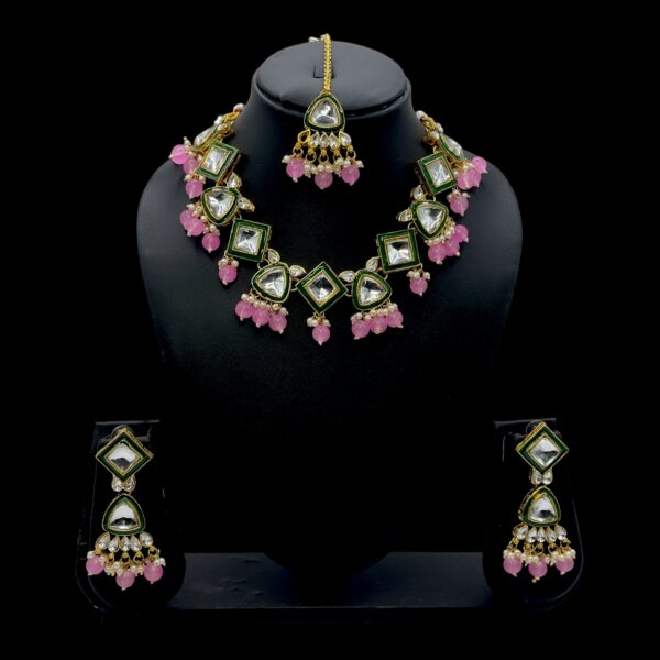 Kundan Necklace- Light Pink Color- Hanging Earrings- With Maati, Product Code: V-2419