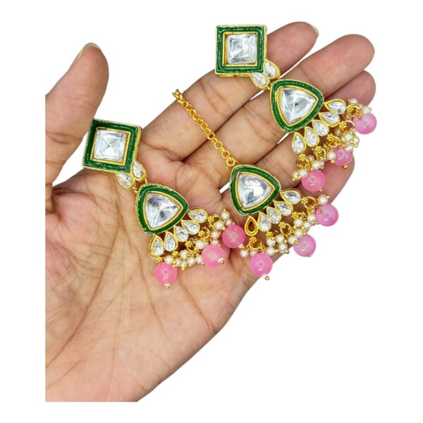 Kundan Necklace- Light Pink Color- Hanging Earrings- With Maati, Product Code: V-2419 - Image 3