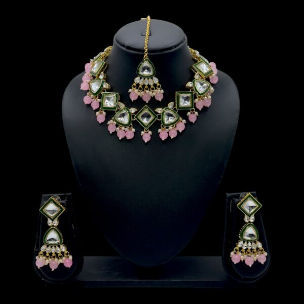 Kundan Necklace- Baby Pink Color- Hanging Earrings- With Maati, Product Code: V-2420