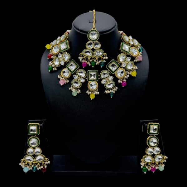 Kundan Necklace- Multi Color- Hanging Earrings- With Maati, Product Code: V-2421