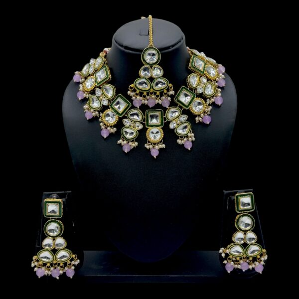 Kundan Necklace- Violet Color- Hanging Earrings- With Maati, Product Code: V-2422