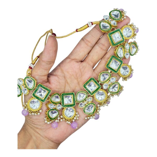 Kundan Necklace- Violet Color- Hanging Earrings- With Maati, Product Code: V-2422 - Image 2