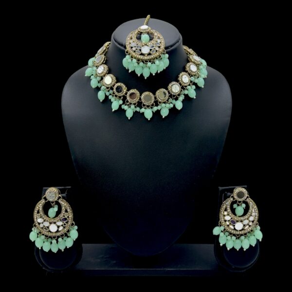 Mirror Necklace- Mint Color- Chandbali Hanging Earrings- With Maati, Product Code: V-2423