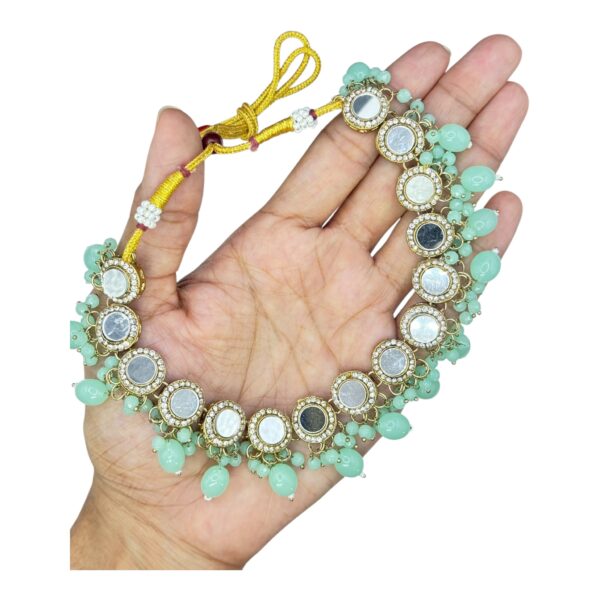 Mirror Necklace- Mint Color- Chandbali Hanging Earrings- With Maati, Product Code: V-2423 - Image 2