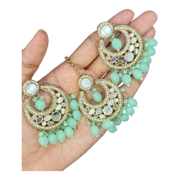 Mirror Necklace- Mint Color- Chandbali Hanging Earrings- With Maati, Product Code: V-2423 - Image 3