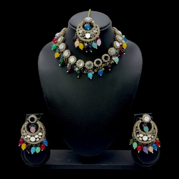 Mirror Necklace- Multi Color- Chandbali Hanging Earrings- With Maati, Product Code: V-2424