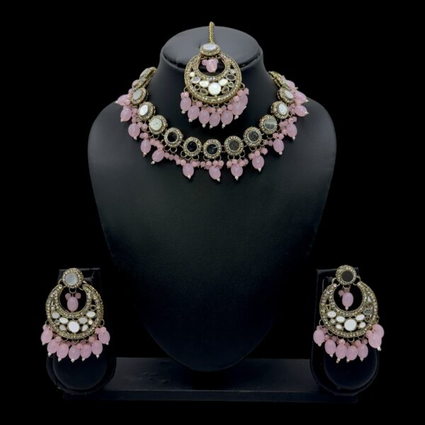 Mirror Necklace- Baby Pink Color- Chandbali Hanging Earrings- With Maati, Product Code: V-2425