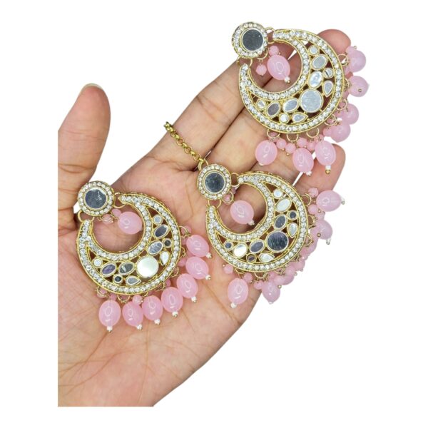 Mirror Necklace- Baby Pink Color- Chandbali Hanging Earrings- With Maati, Product Code: V-2425 - Image 3