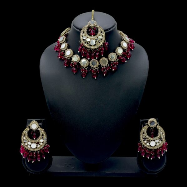 Mirror Necklace- Dark Pink Color- Chandbali Hanging Earrings- With Maati, Product Code: V-2426