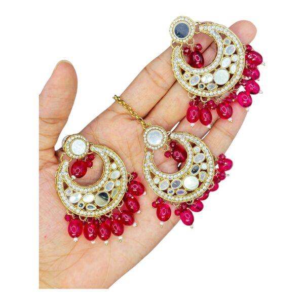 Mirror Necklace- Dark Pink Color- Chandbali Hanging Earrings- With Maati, Product Code: V-2426 - Image 3