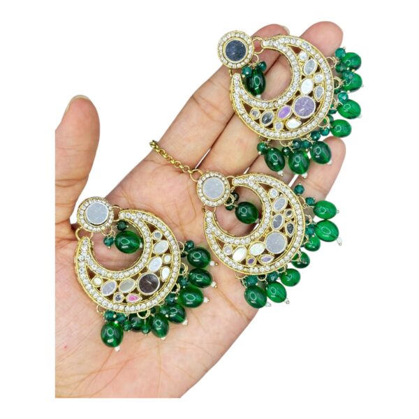 Mirror Necklace- Green Color- Chandbali Hanging Earrings- With Maati, Product Code: V-2427 - Image 3