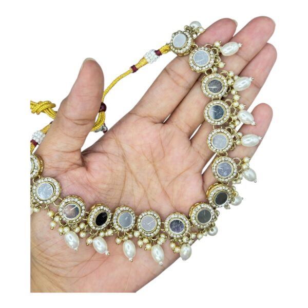 Mirror Necklace- White Color- Chandbali Hanging Earrings- With Maati, Product Code: V-2428 - Image 2