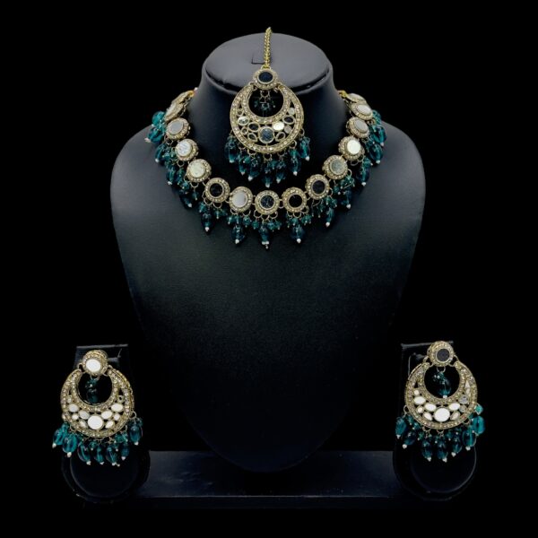 Mirror Necklace- Peacock Blue Color- Chandbali Hanging Earrings- With Maati, Product Code: V-2429