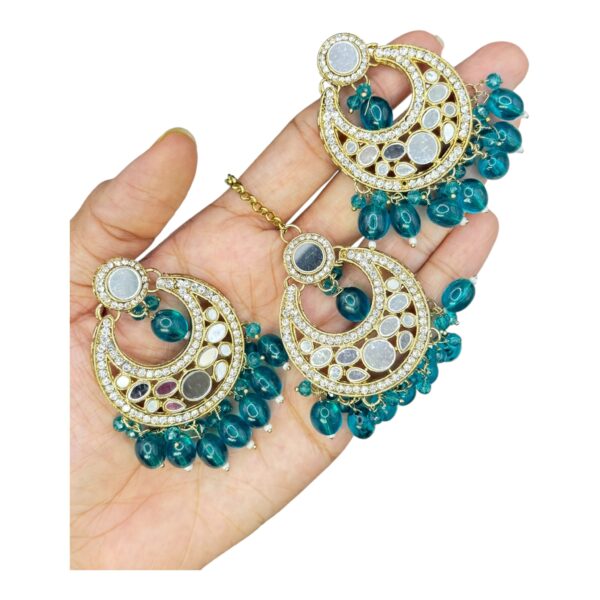 Mirror Necklace- Peacock Blue Color- Chandbali Hanging Earrings- With Maati, Product Code: V-2429 - Image 3